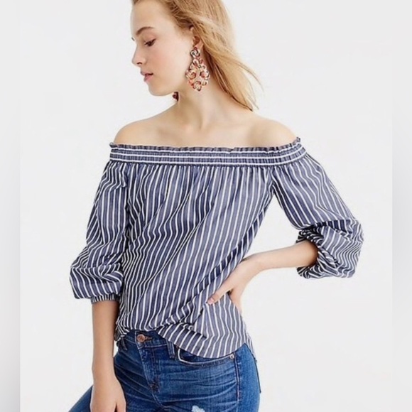 J. Crew Tops - J Crew Women’s Size 6 Blue and White Striped Off The Shoulder Long Sleeve Top